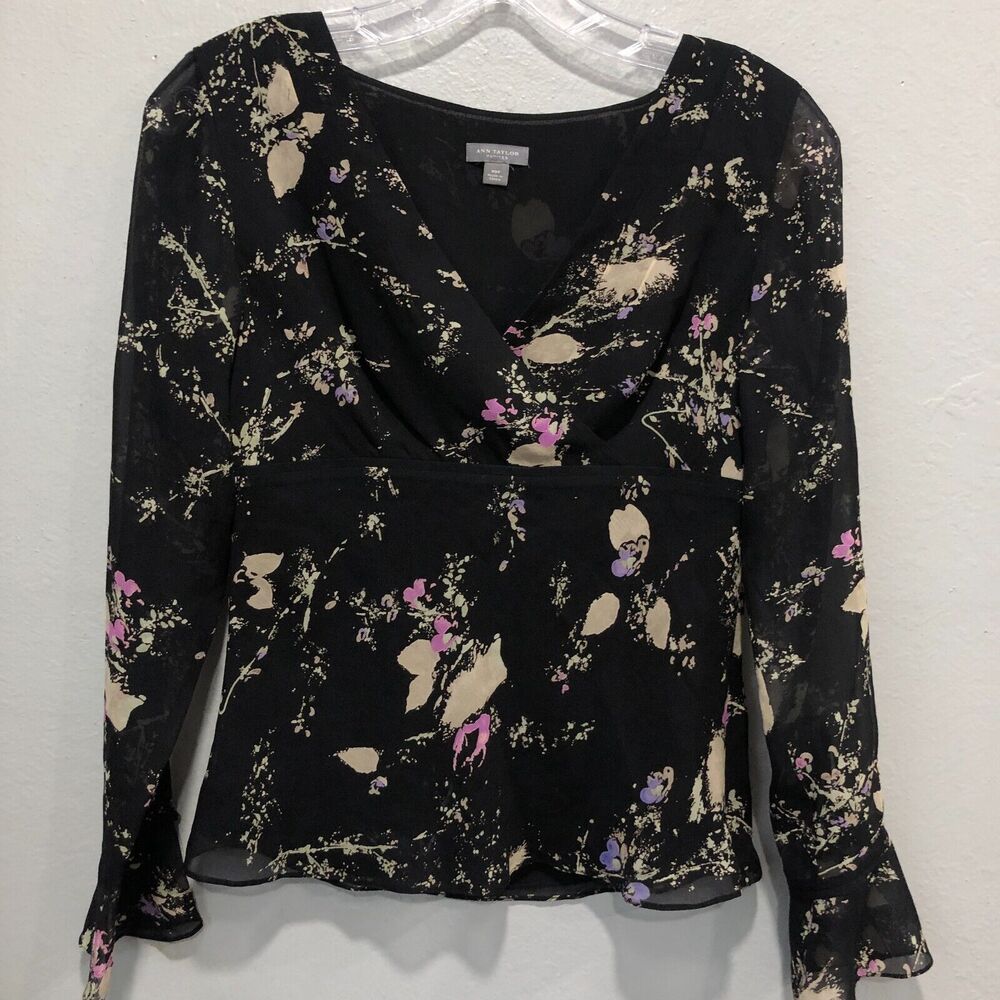 ann taylor 100% silk top xs small black leaves splat sheer chiffon dressy chic - Picture 2 of 14